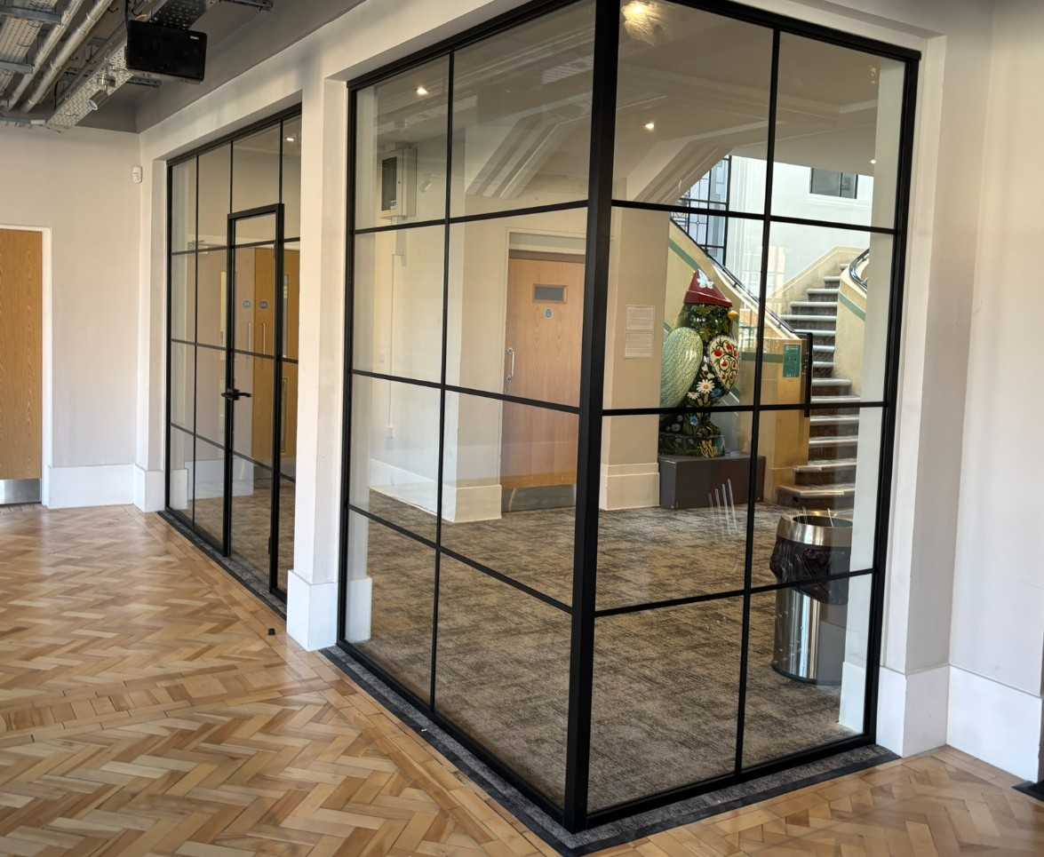 Acoustic door seals on framed glass partition door — compression perimeter seal and overhead closer