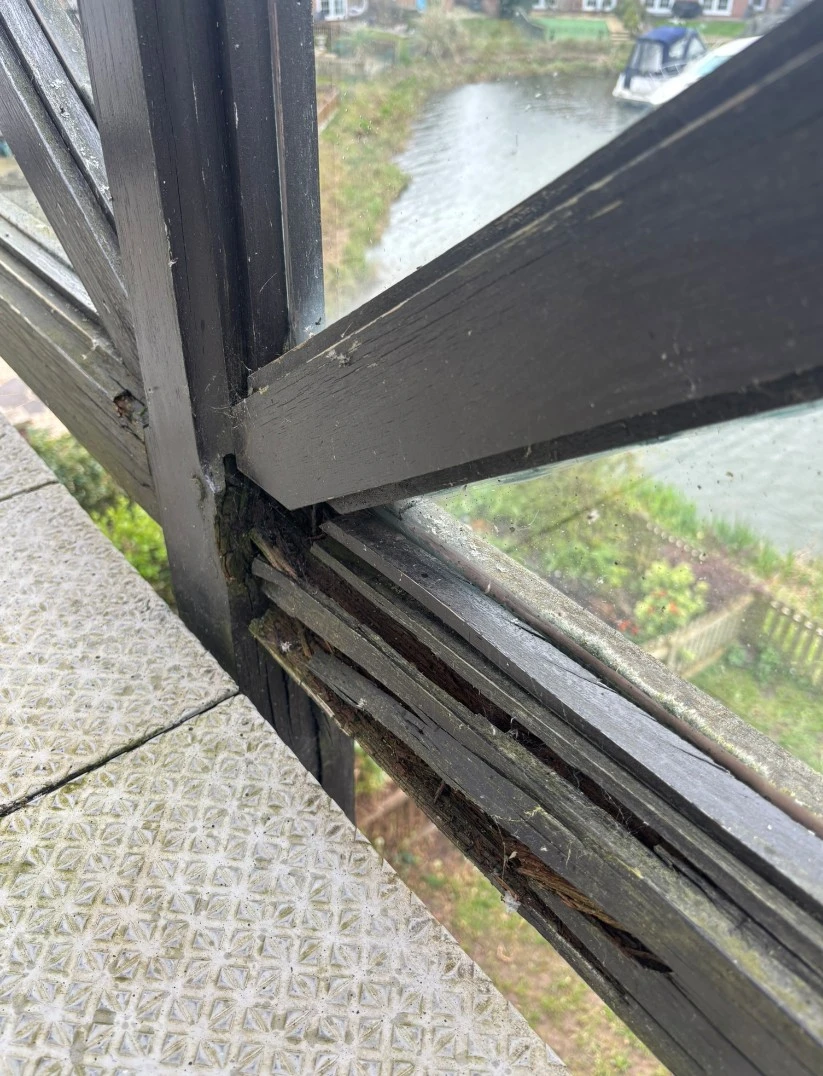 Rotten timber balcony Burton Waters