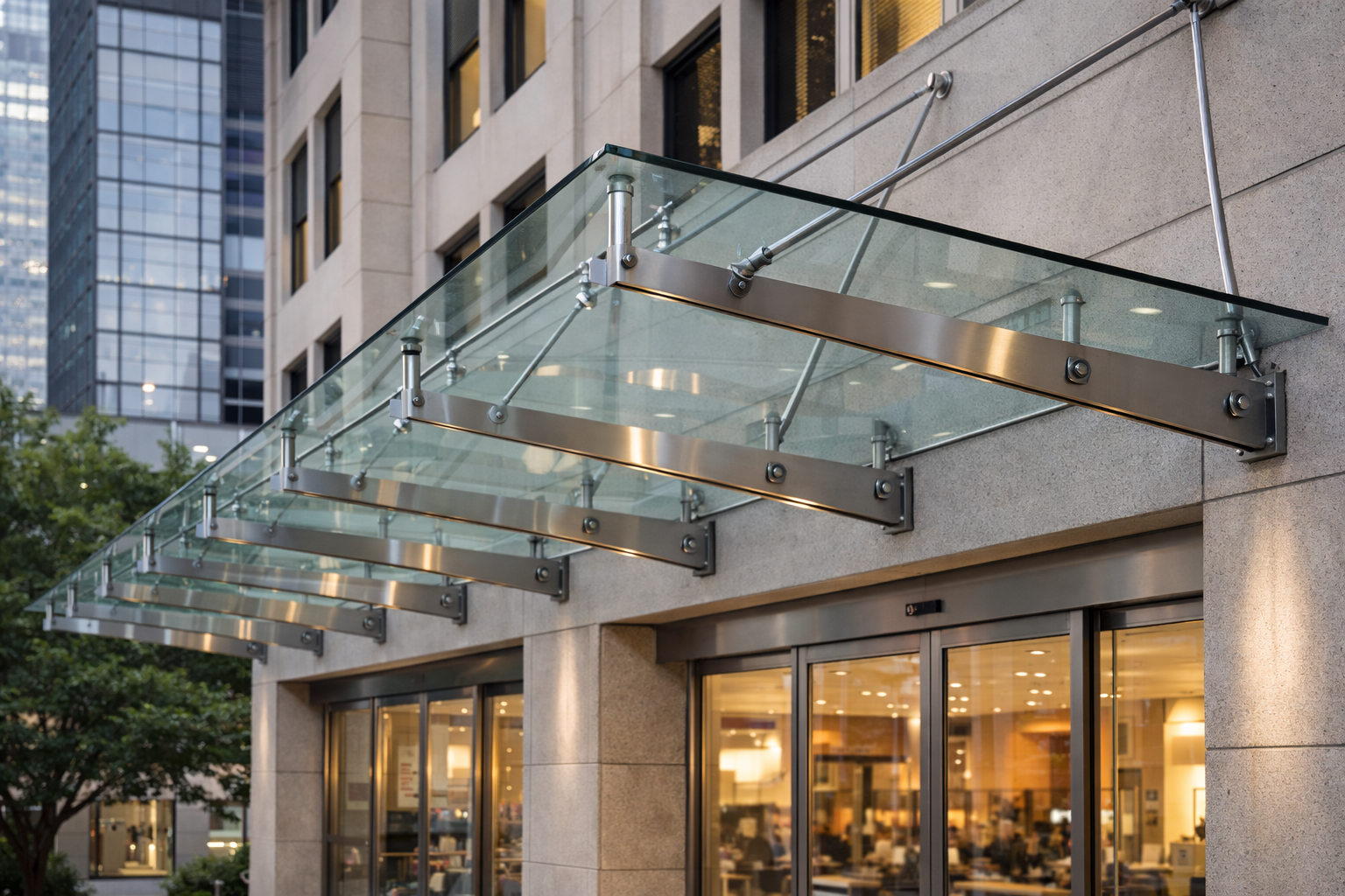 Toughened glass door canopy providing weather protection over residential entrance