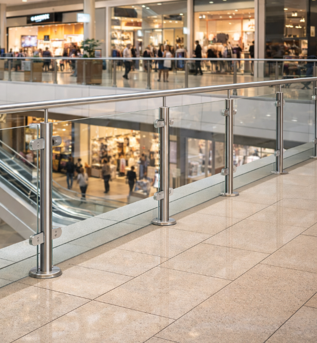 Commercial framed glass balustrade in hotel or shopping centre