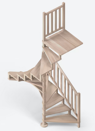 All-wood spiral staircase with timber treads, centre column, and wooden balustrade — internal