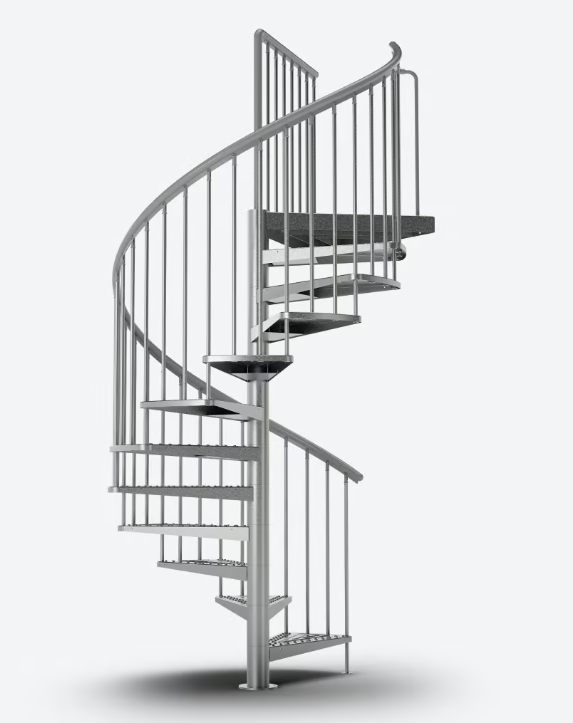 All-galvanised steel spiral staircase with vertical spindles and open treads