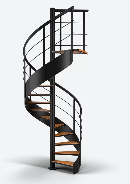 Spiral staircase with swept stringer and horizontal bar balustrade in black