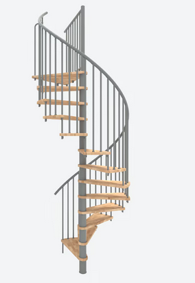 Steel and wood spiral staircase with basalt grey powder-coated frame and beech tread inserts