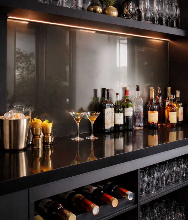 Commercial glass splashback in restaurant kitchen or bar