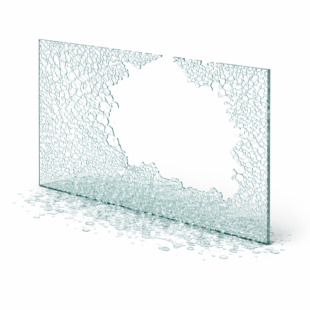 Toughened glass broken into small blunt fragments — safety glass characteristic