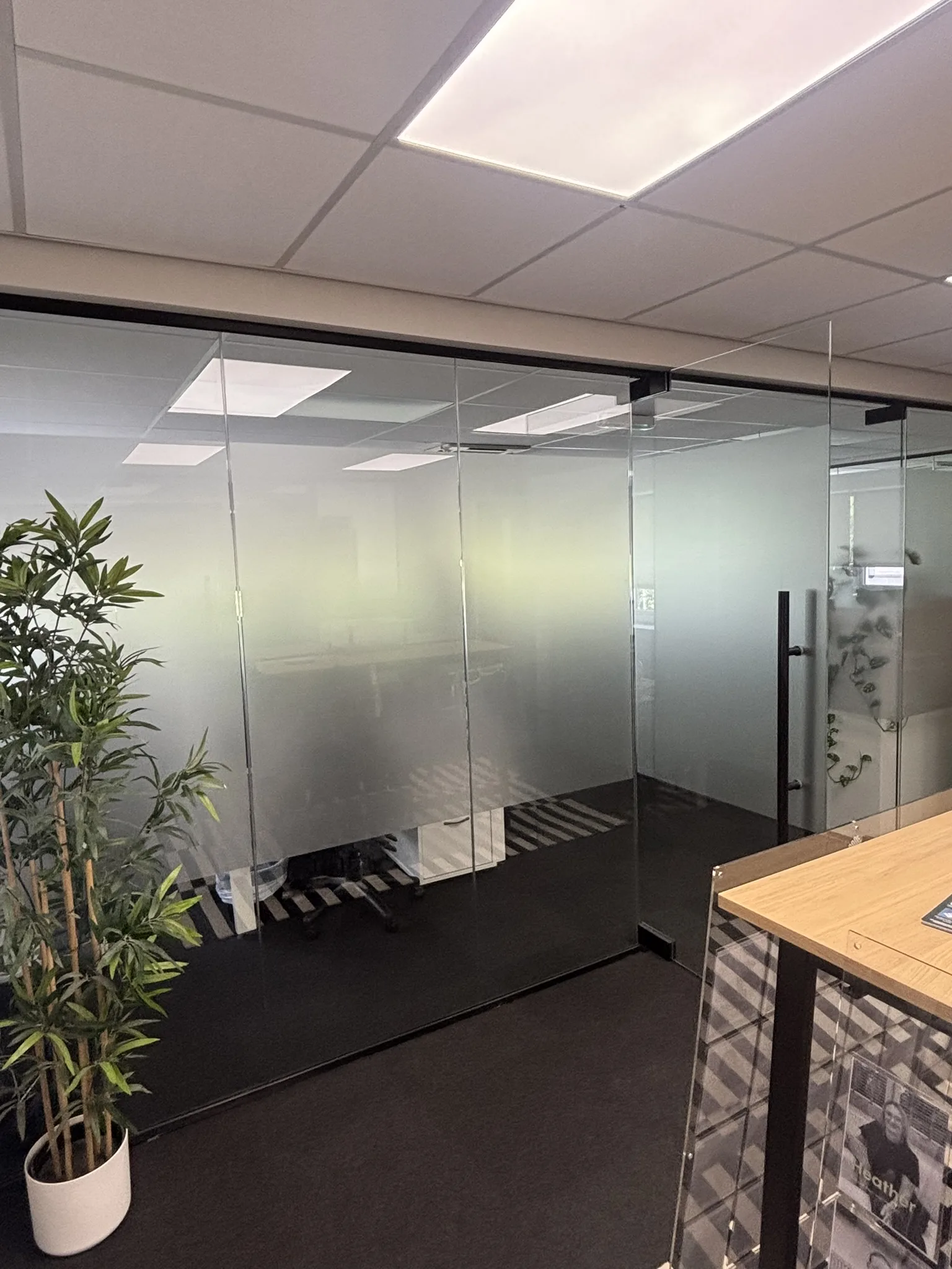 Full-height glazed office door with black frame and matching black door handle